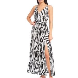 Elan Zebra tie waist V neck sleeveless maxi dress
